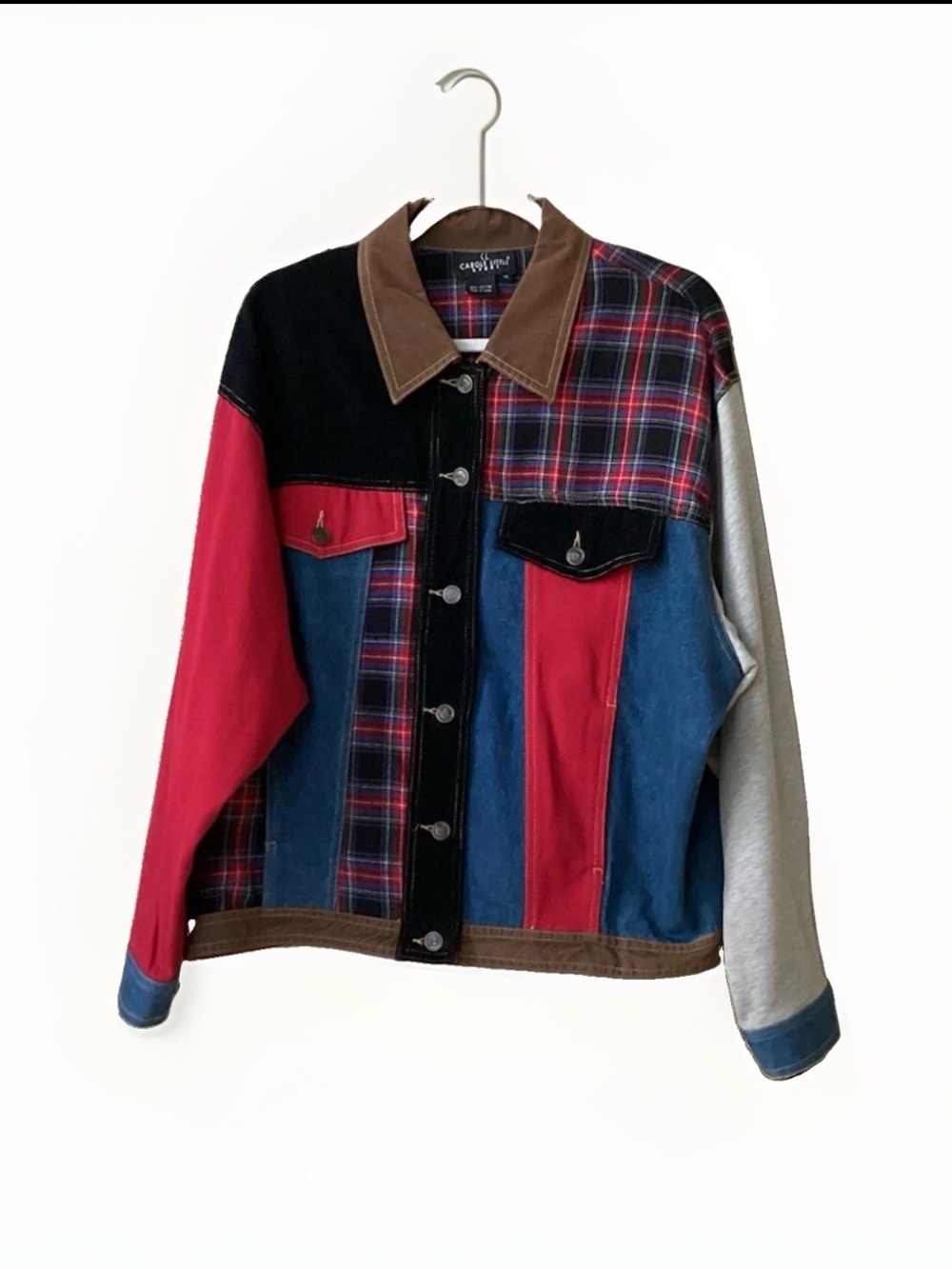 Vintage Carole Little Jacket Womens 14 Denim Velvet Patchwork Plaid Boho Western